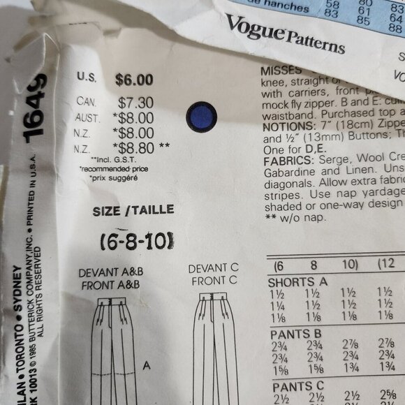 🪻BOGO🪻 Vogue Pattern 1649 Size 6 8 10 Basic Design Misses Pants Shorts - Picture 5 of 10